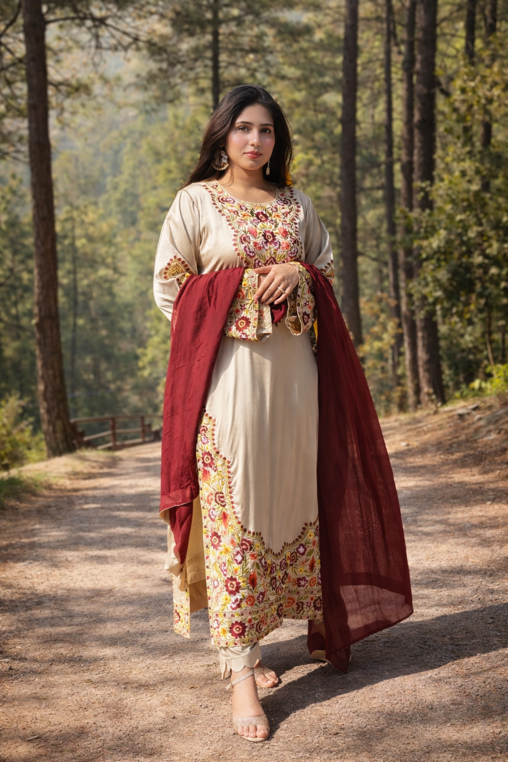 Golden Embroidered Satin Kaftan 3-piece dress