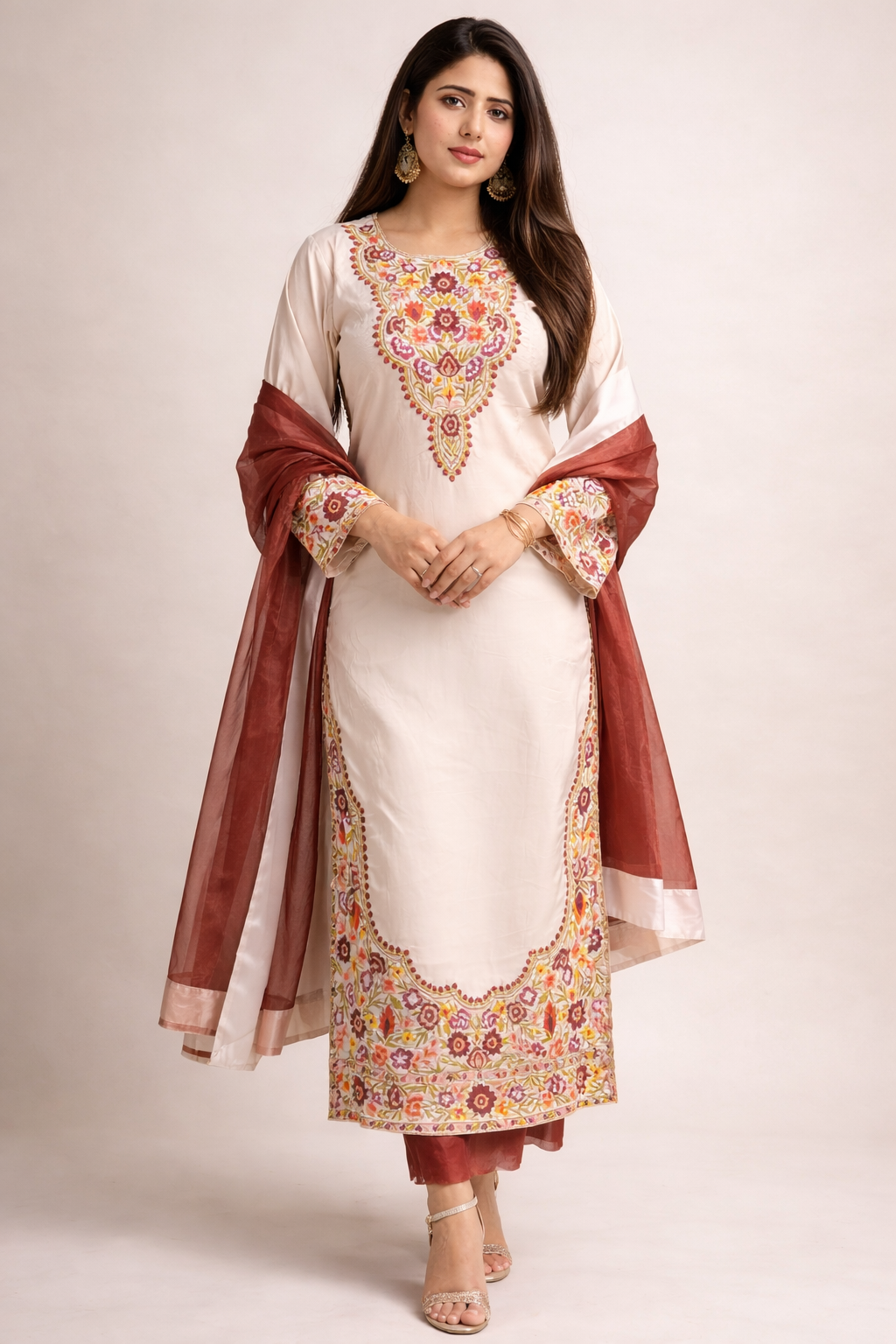 Ivory Embroidered Satin Kaftan 3-piece dress