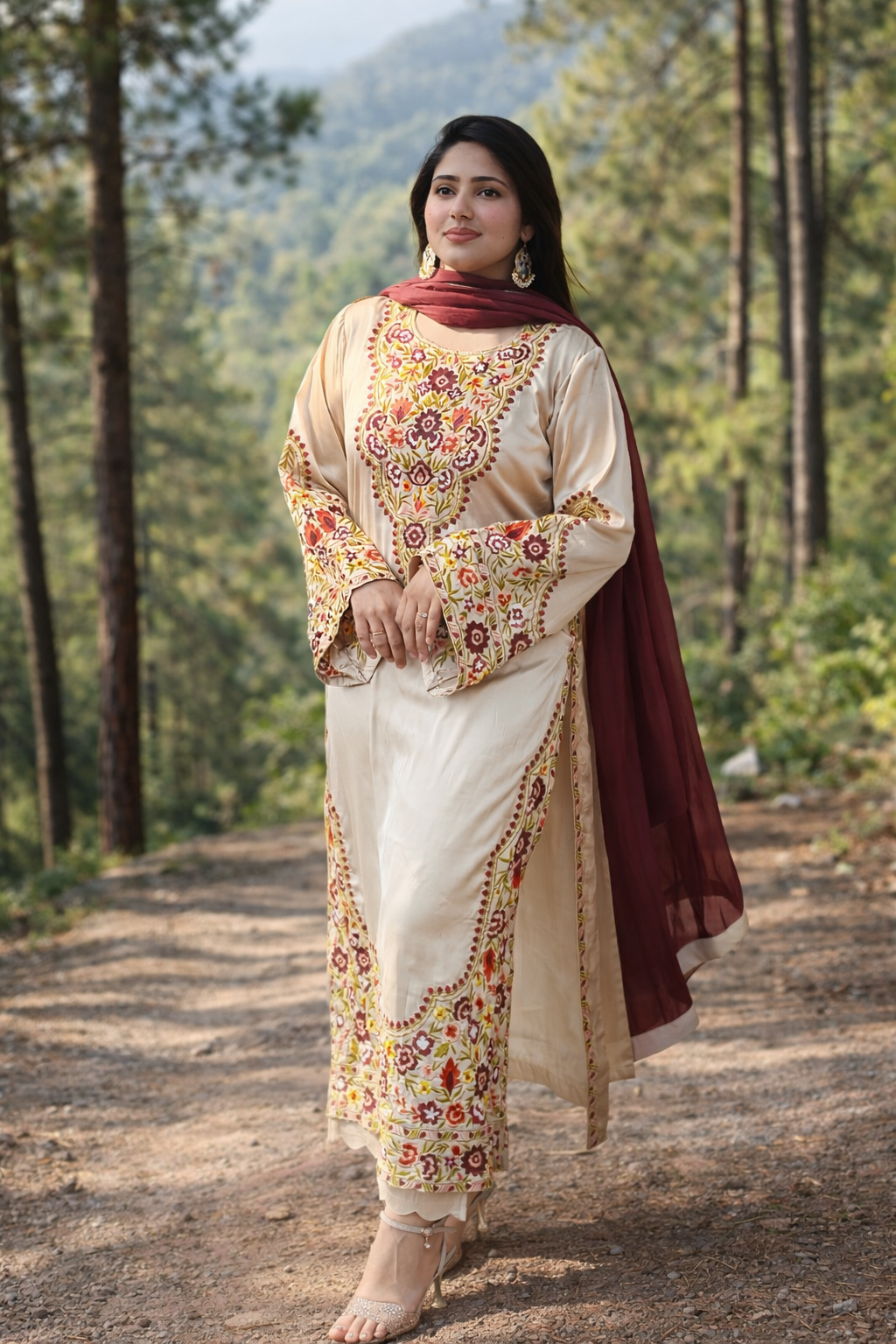Golden Embroidered Satin Kaftan 3-piece dress