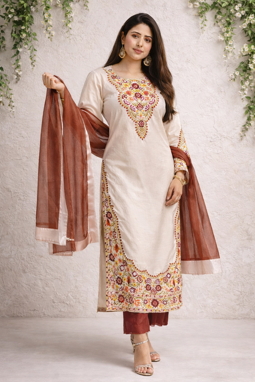 Ivory Embroidered Satin Kaftan 3-piece dress