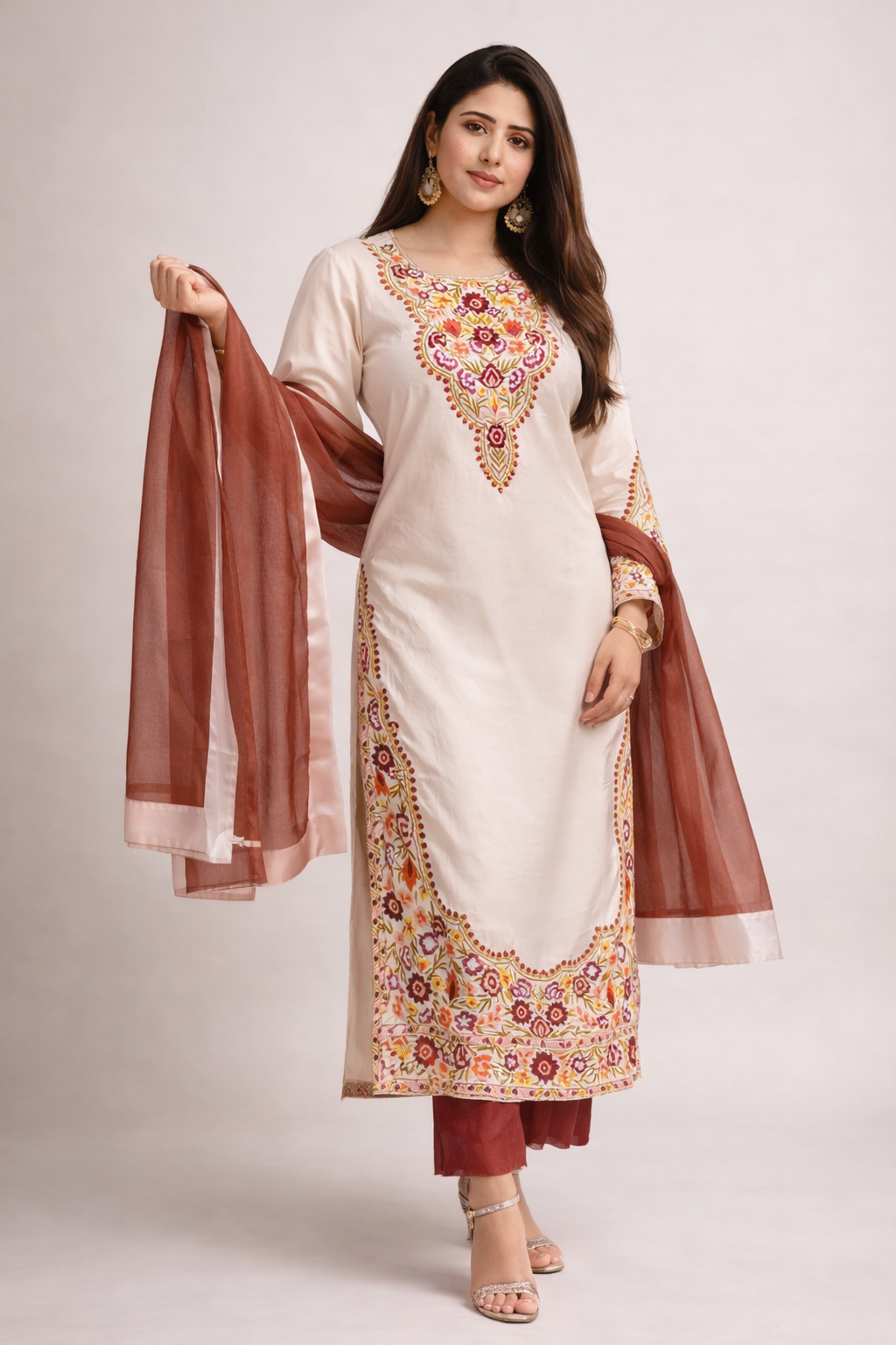 Ivory Embroidered Satin Kaftan 3-piece dress
