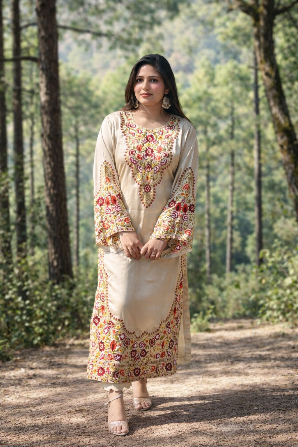 Golden Embroidered Satin Kaftan 3-piece dress