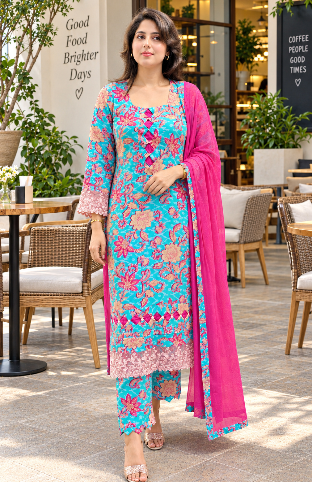 Turquoise Floral Lawn Cotton Suit with Chiffon Dupatta