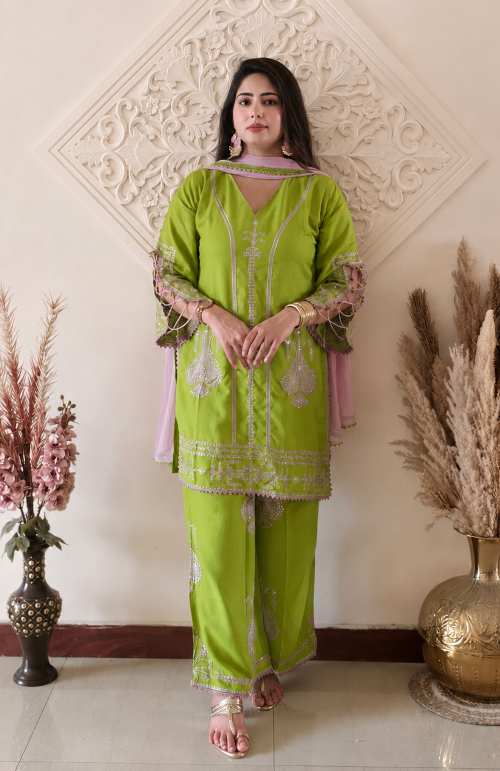 Green Rayon Cotton Embroidered Kurta Set with Blush Pink Dupatta