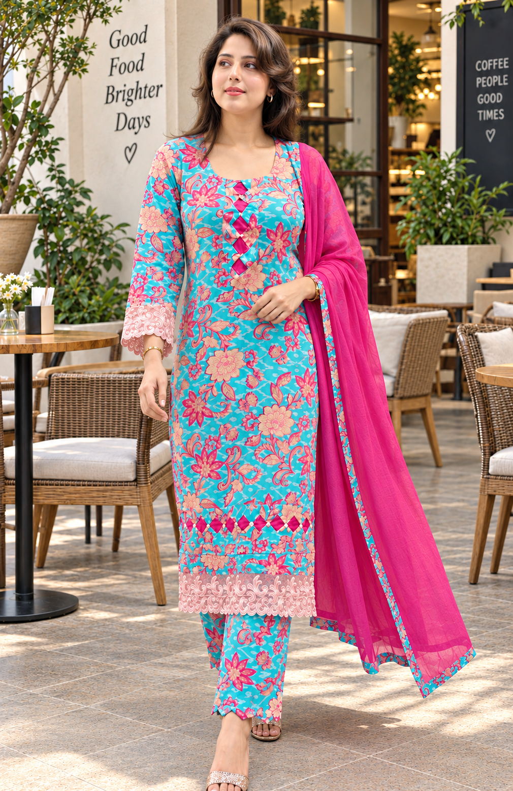 Turquoise Floral Lawn Cotton Suit with Chiffon Dupatta