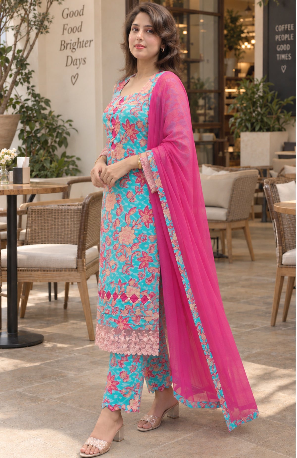 Turquoise Floral Lawn Cotton Suit with Chiffon Dupatta