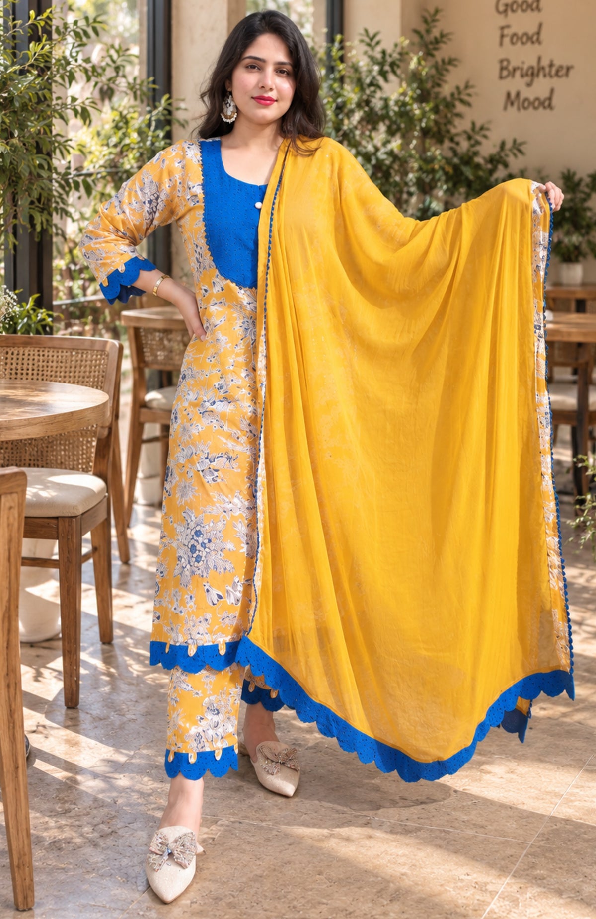 Mustard Gold Cotton Silk with Schiffli 3-piece Suit