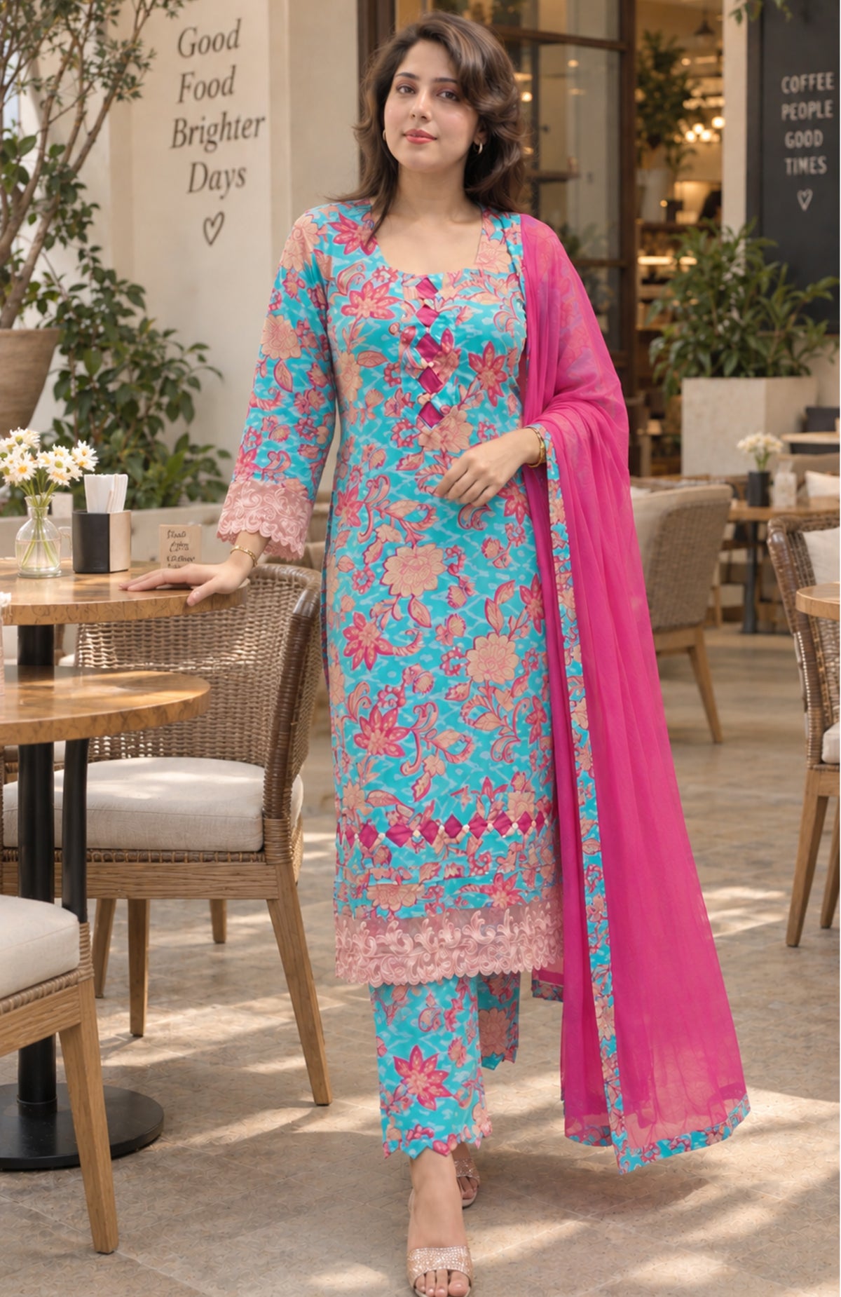 Turquoise Floral Lawn Cotton Suit with Chiffon Dupatta