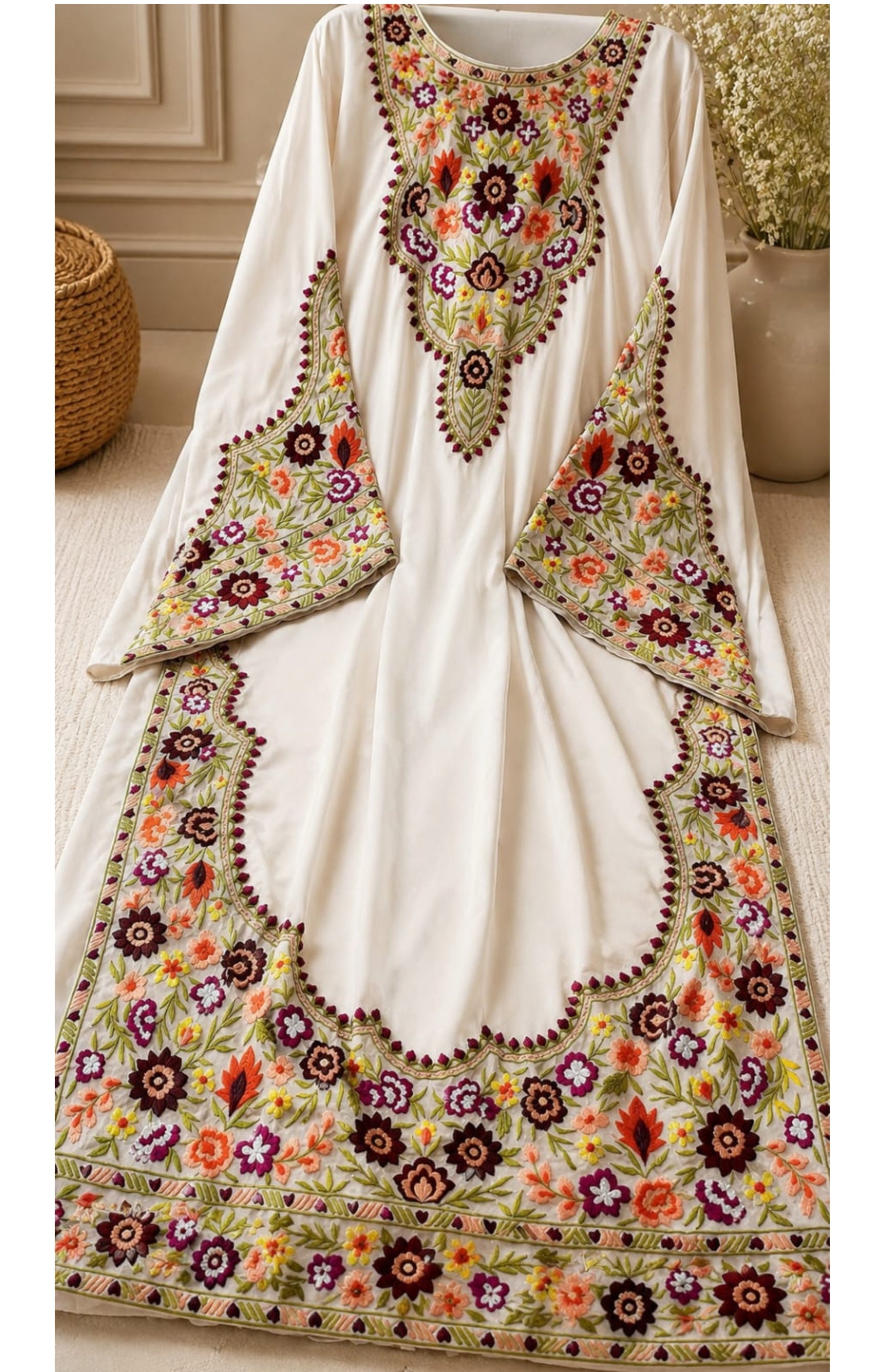 Ivory Embroidered Satin Kaftan 3-piece dress