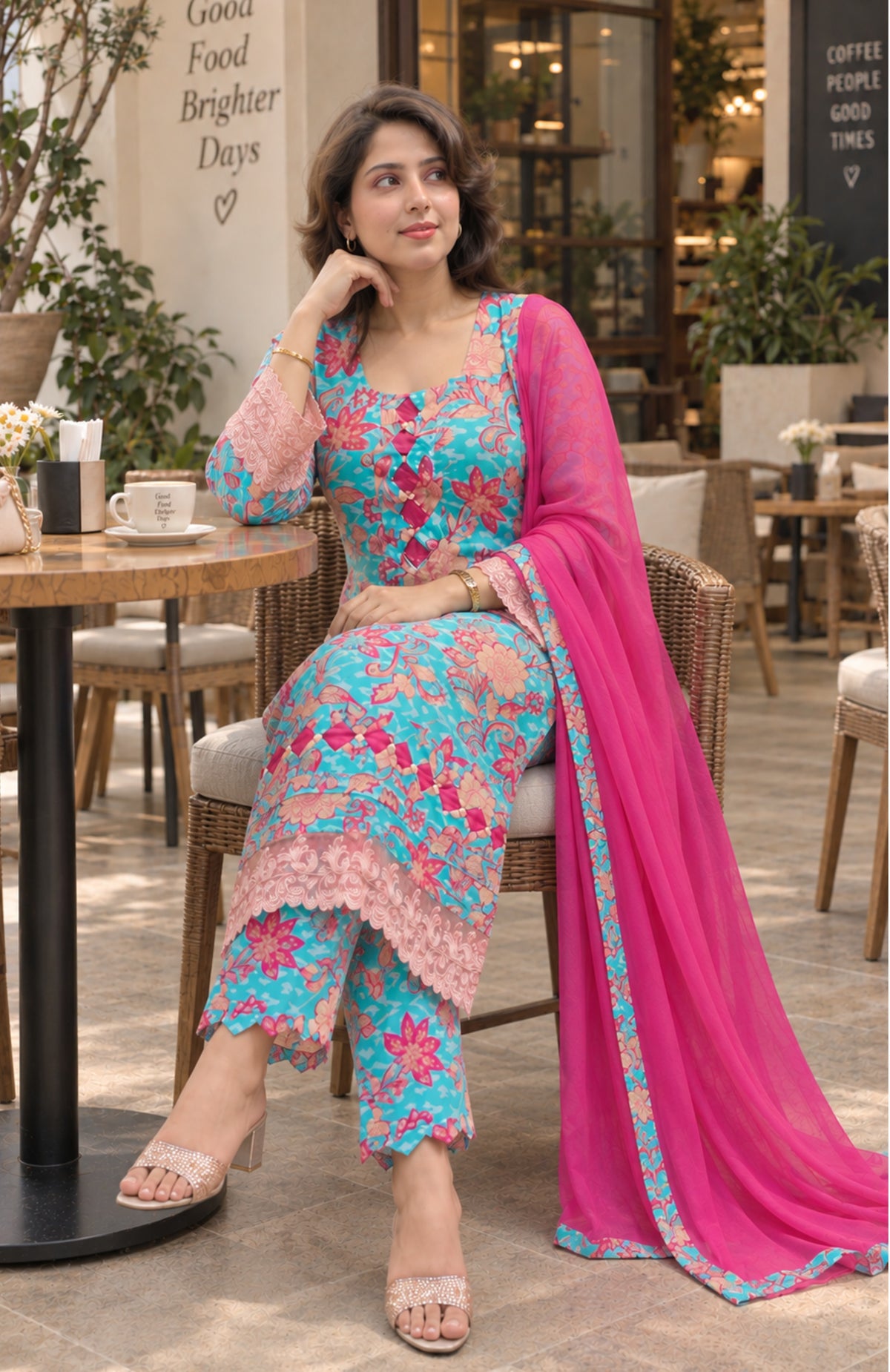 Turquoise Floral Lawn Cotton Suit with Chiffon Dupatta