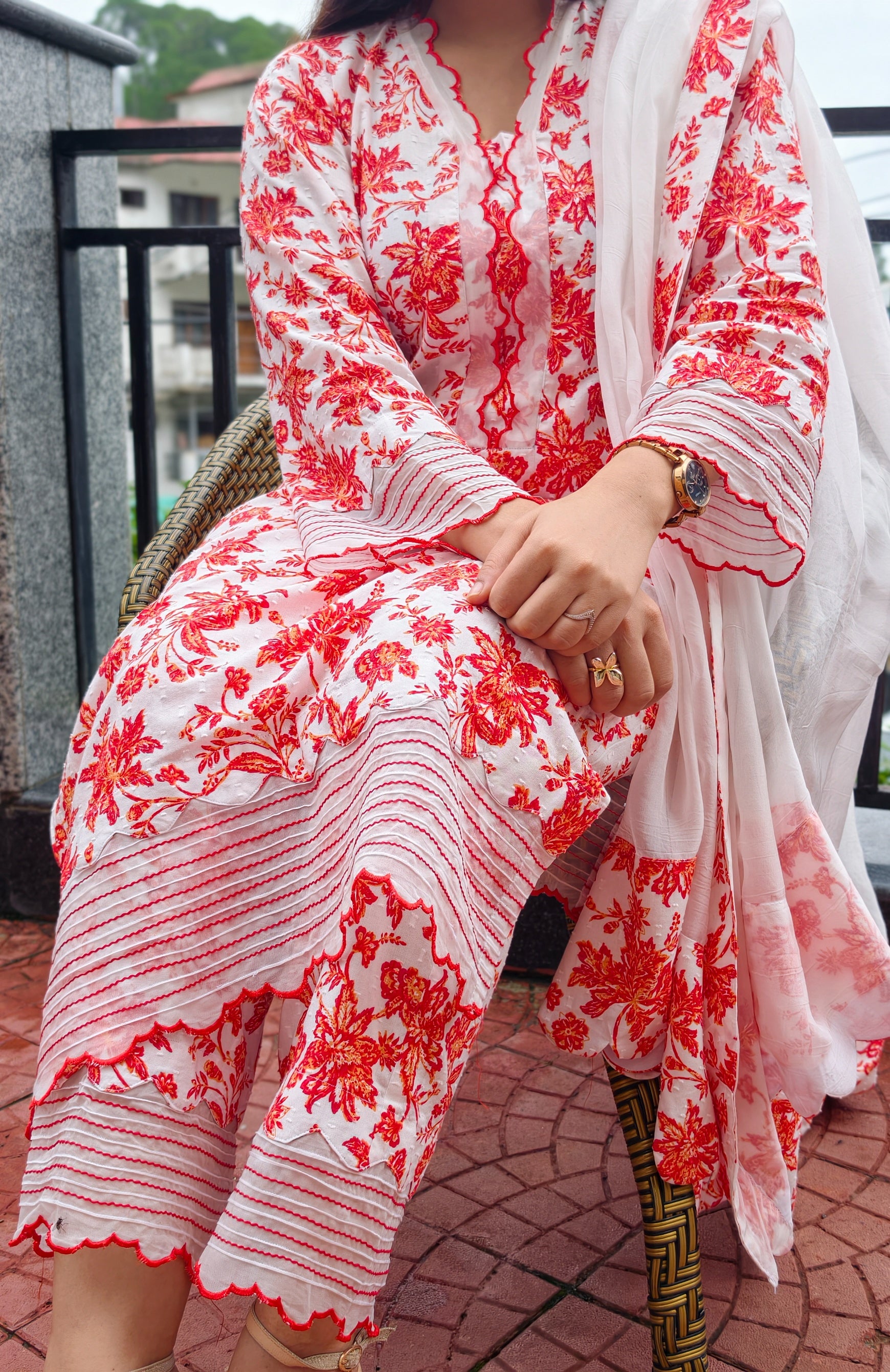 Red Cotton Floral Printed Scalloped three-piece dress