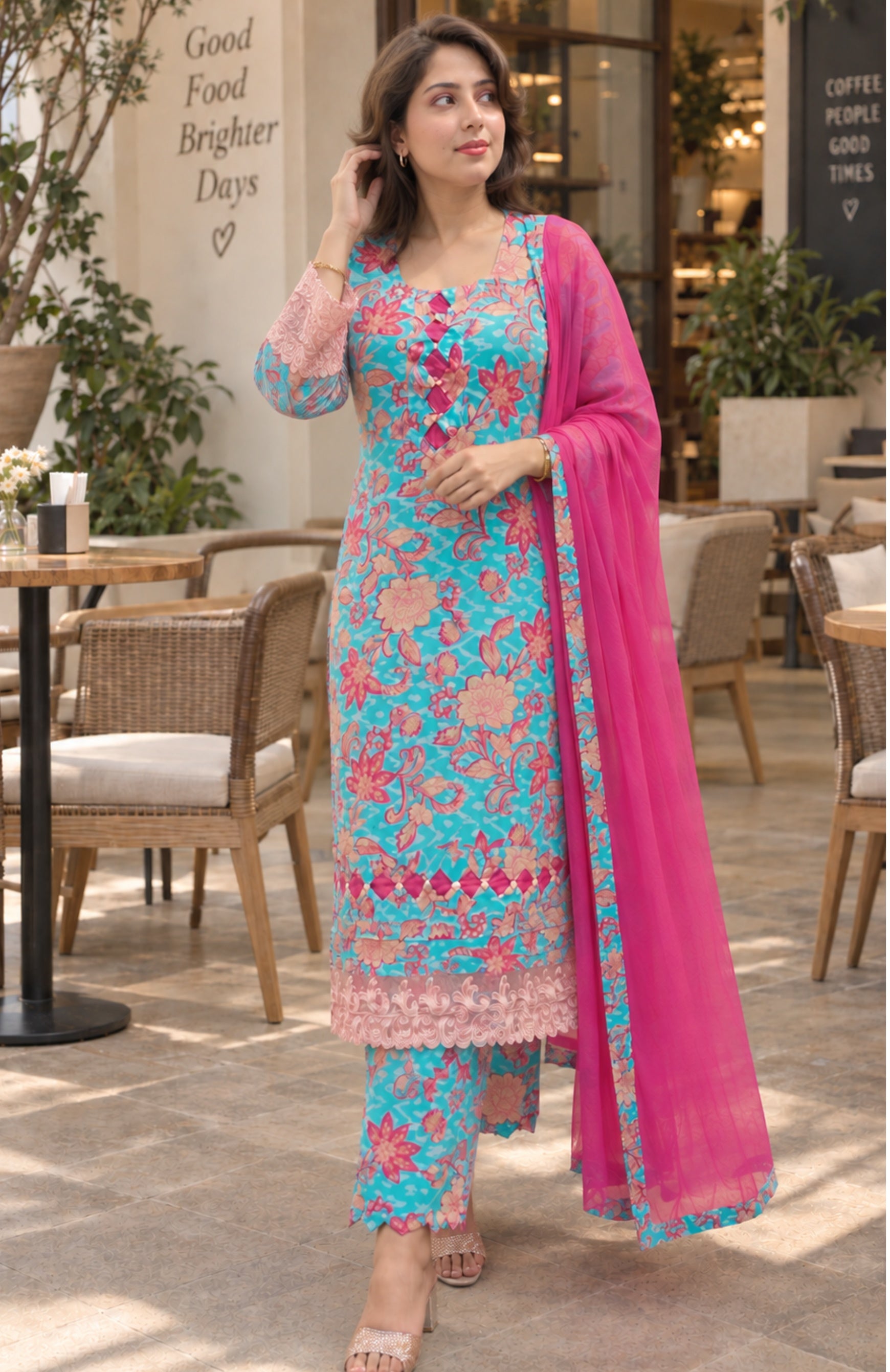 Turquoise Floral Lawn Cotton Suit with Chiffon Dupatta