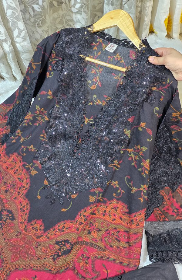 Black and Red Pakistani Lawn cotton 3 piece dress - Image 2