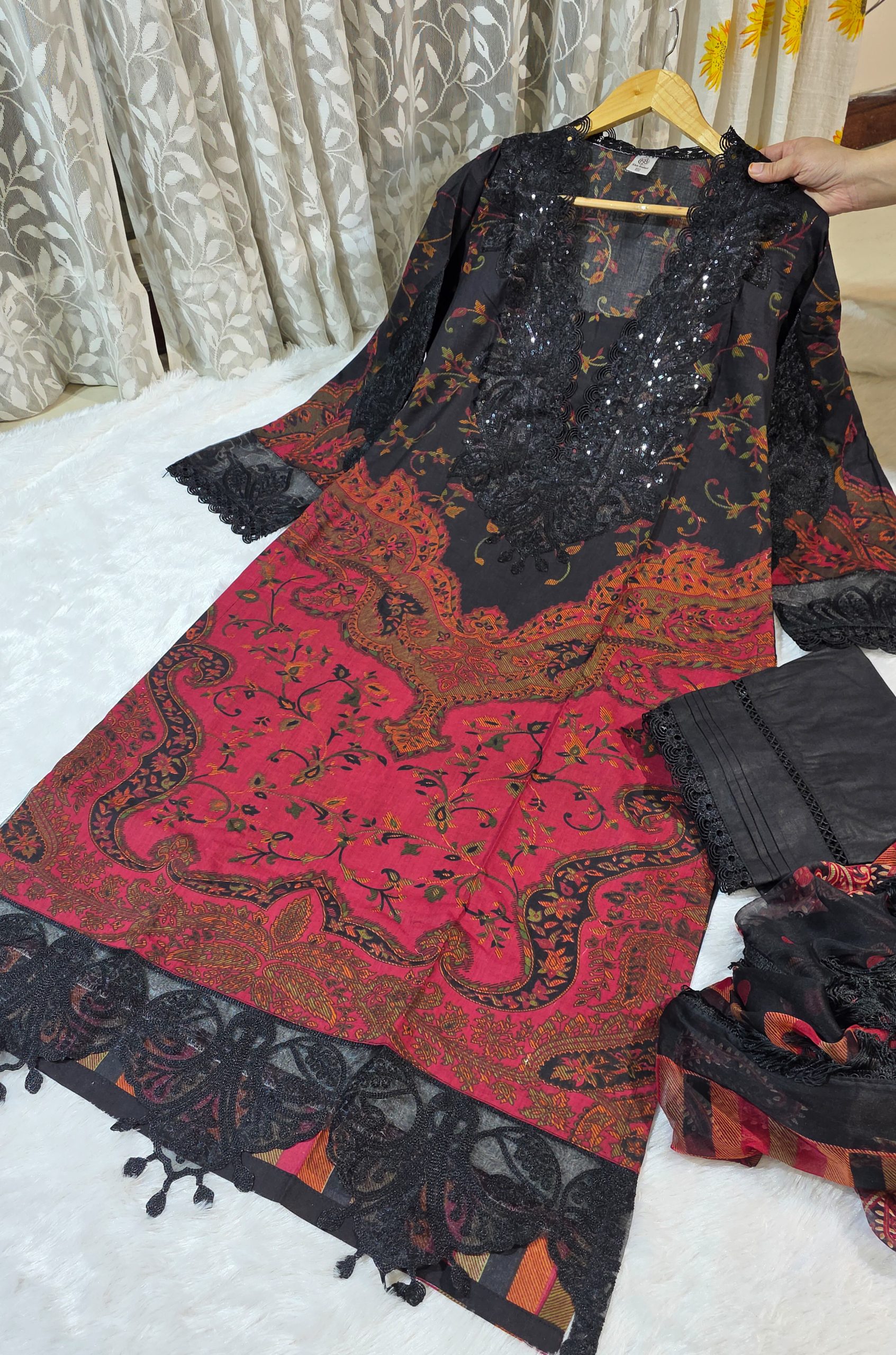 Black and Red Pakistani Lawn cotton 3 piece dress