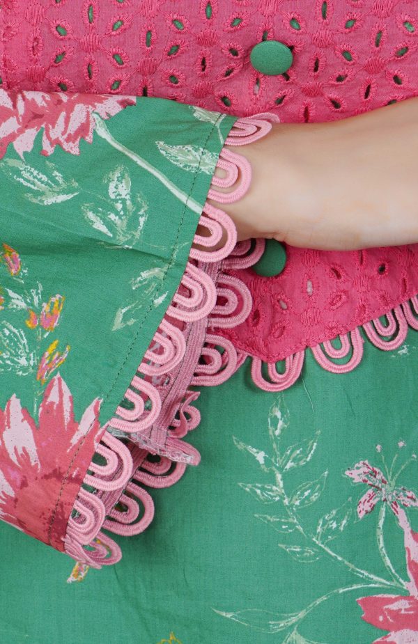 Green Floral Printed Cotton Kurta with Trousers - Image 4
