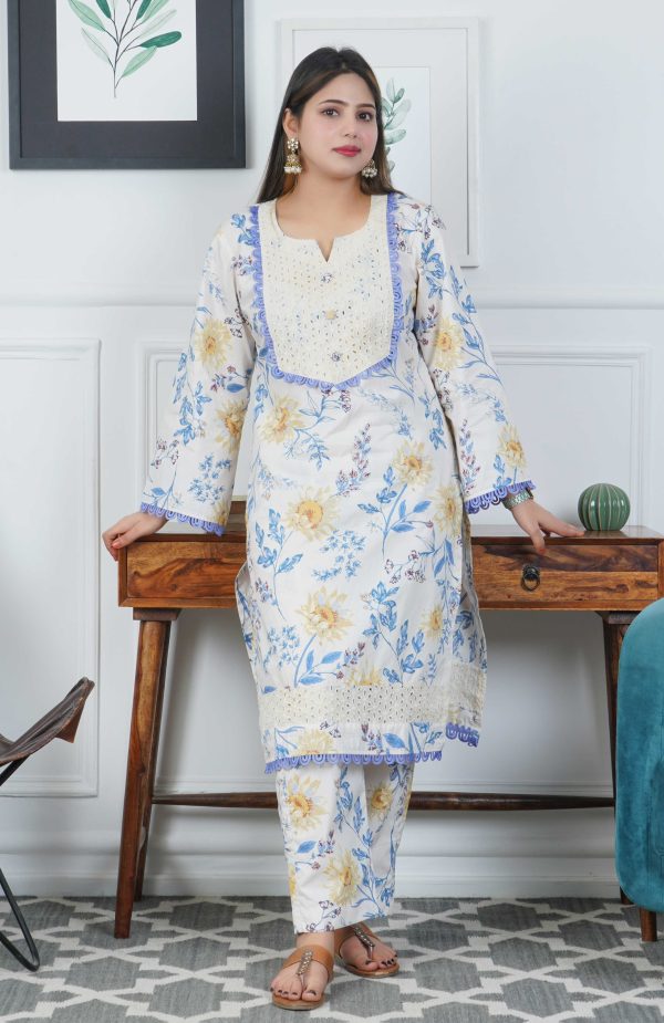 Ivory Floral Printed Cotton Kurta with Trouser