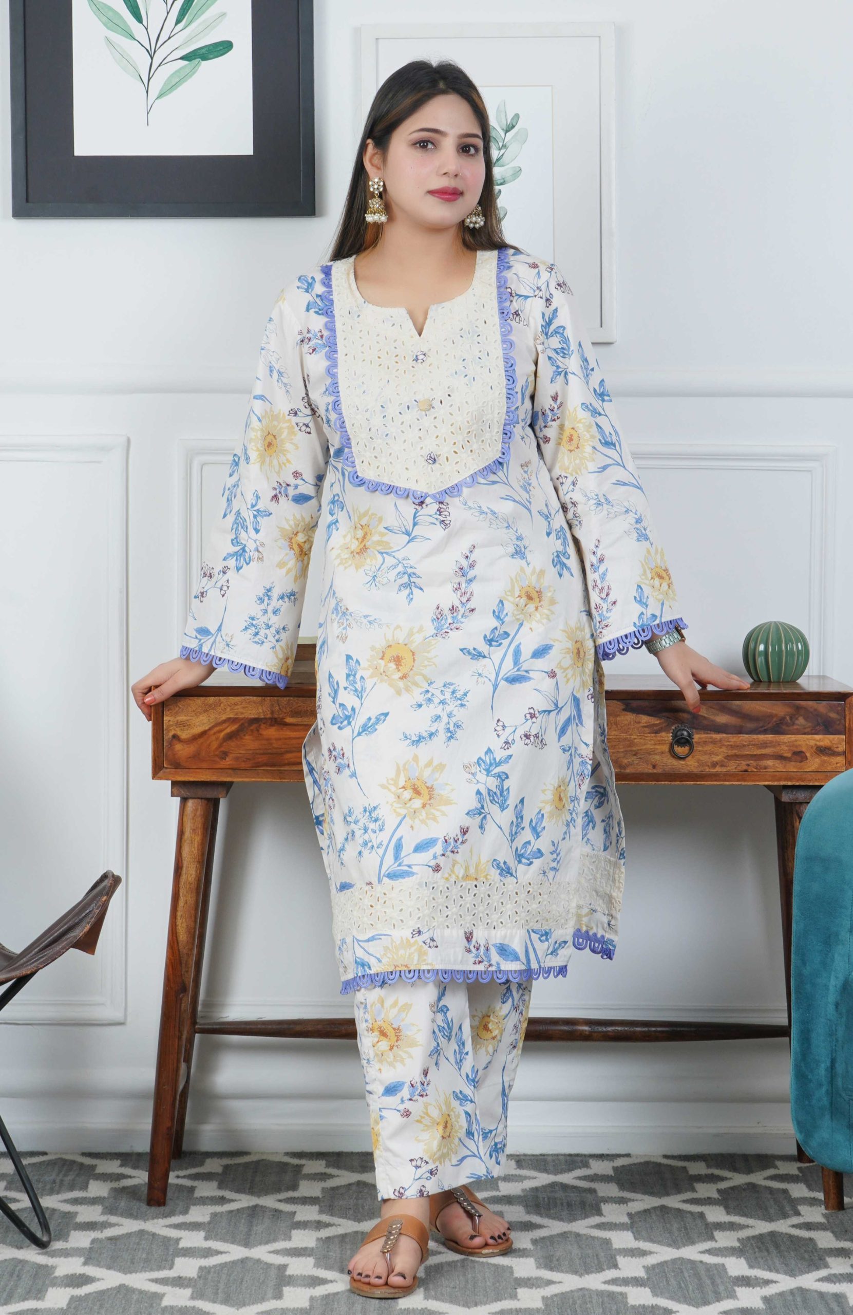 Ivory Floral Printed Cotton Kurta with Trouser