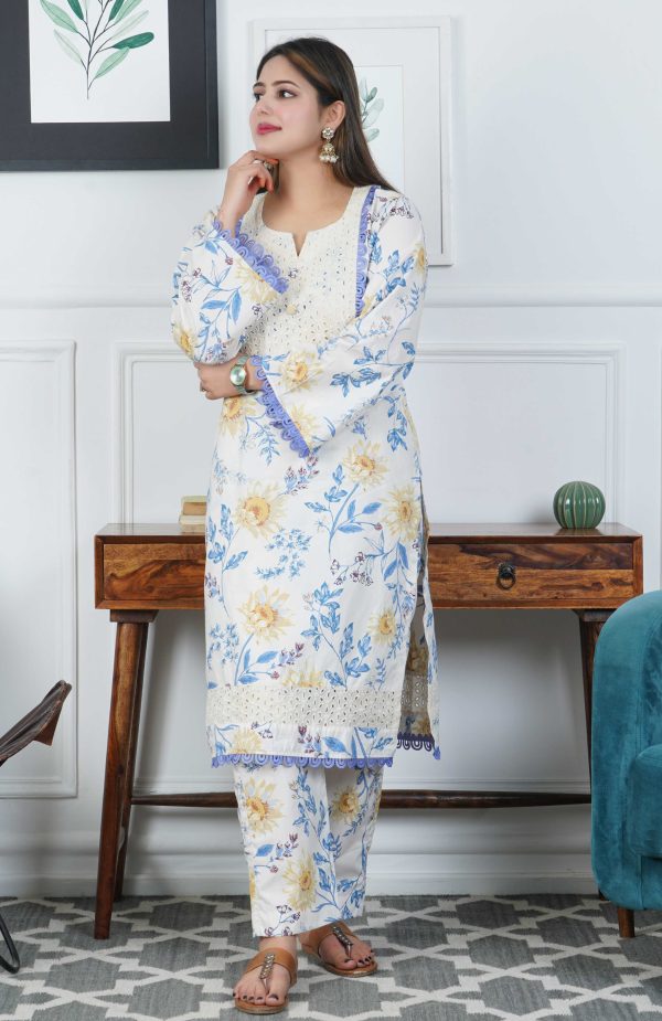 Ivory Floral Printed Cotton Kurta with Trouser - Image 2