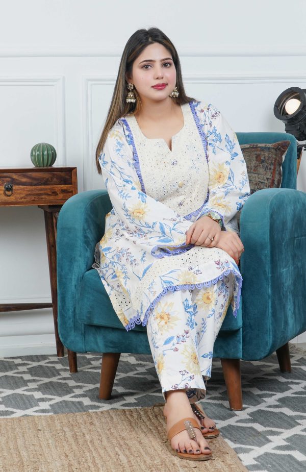 Ivory Floral Printed Cotton Kurta with Trouser - Image 3
