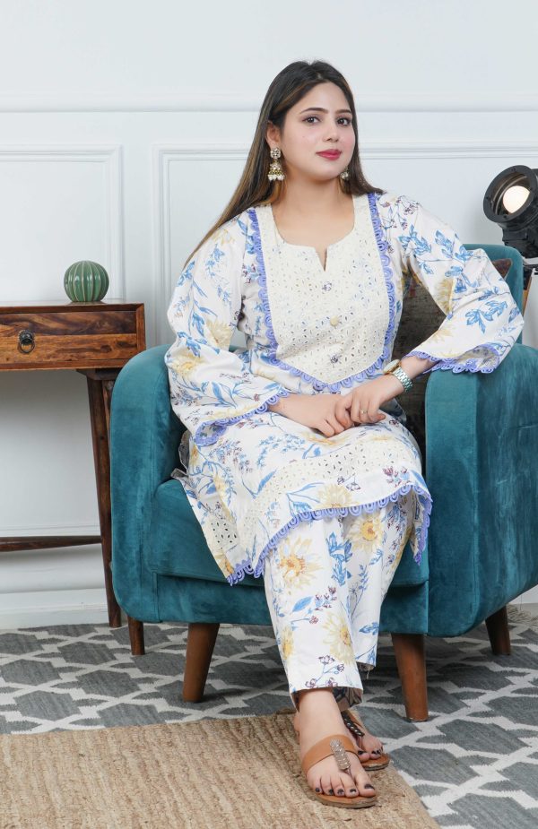 Ivory Floral Printed Cotton Kurta with Trouser - Image 4
