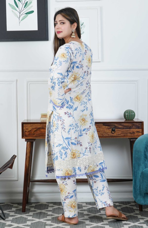 Ivory Floral Printed Cotton Kurta with Trouser - Image 5