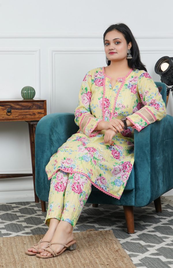 Yellow Floral Printed Cotton Kurta with Trouser - Image 3
