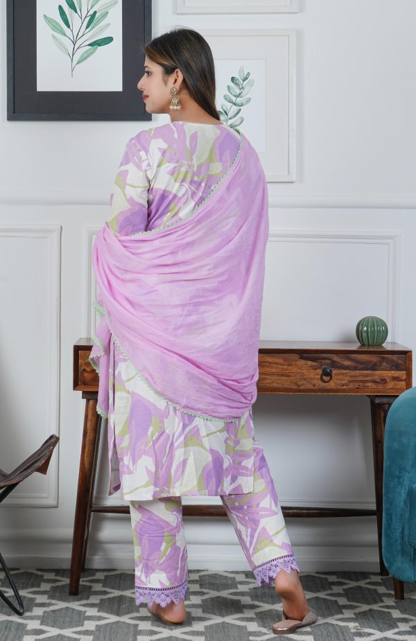 Lilac Floral Printed Cotton 3 piece dress - Image 3