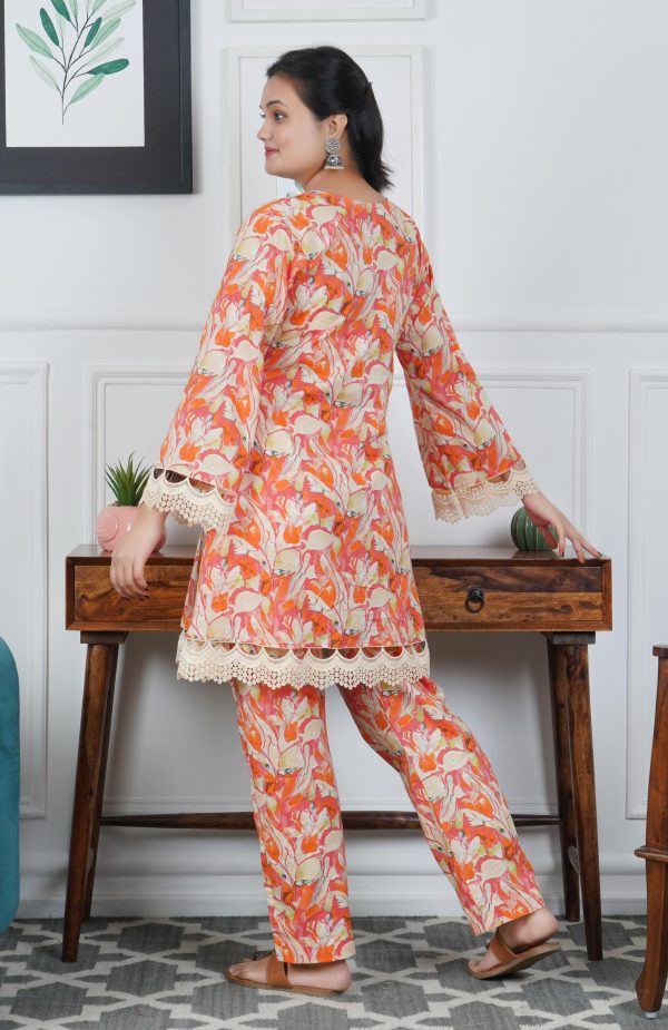 Orange Floral Printed Cotton A-line Kurta With Trouser - Image 3