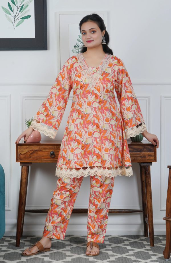 Orange Floral Printed Cotton A-line Kurta With Trouser