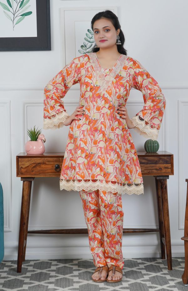 Orange Floral Printed Cotton A-line Kurta With Trouser - Image 4