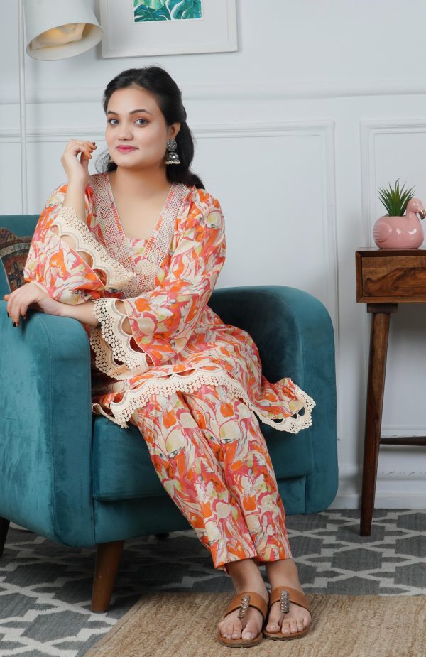 Orange Floral Printed Cotton A-line Kurta With Trouser - Image 5
