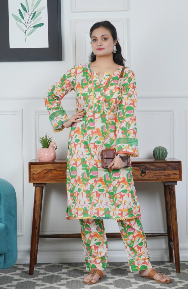 Green Printed Cotton Kurta with Trouser - Image 2