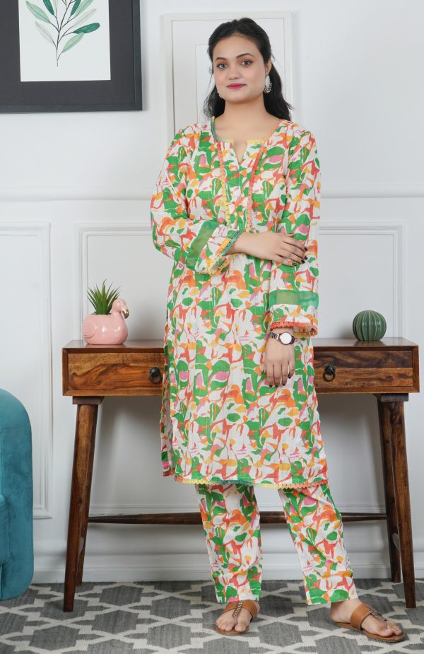 Green Printed Cotton Kurta with Trouser - Image 3