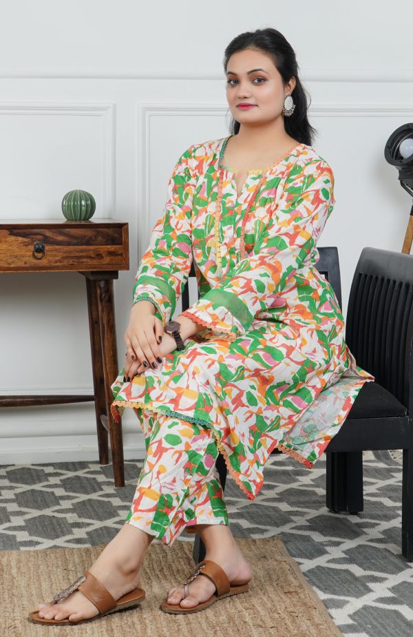 Green Printed Cotton Kurta with Trouser - Image 5