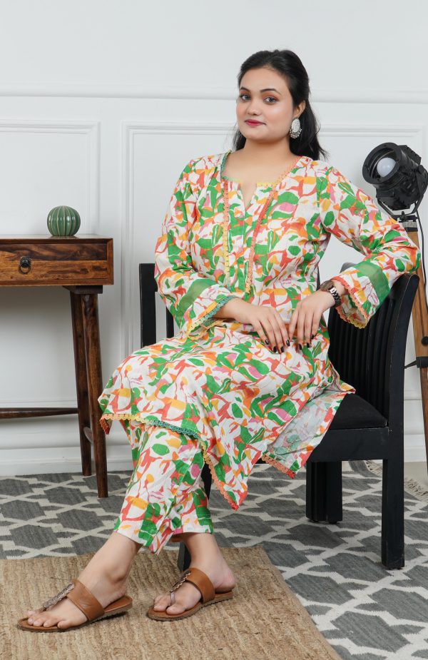 Green Printed Cotton Kurta with Trouser - Image 6