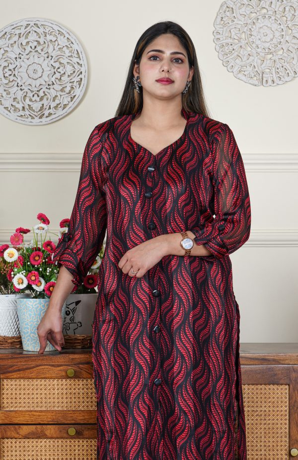Satin Georgette Red and Black 2 Piece Co-ord Set - Image 2