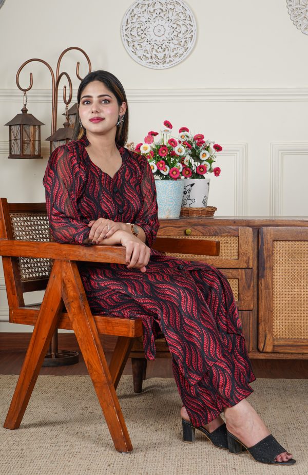 Satin Georgette Red and Black 2 Piece Co-ord Set - Image 5