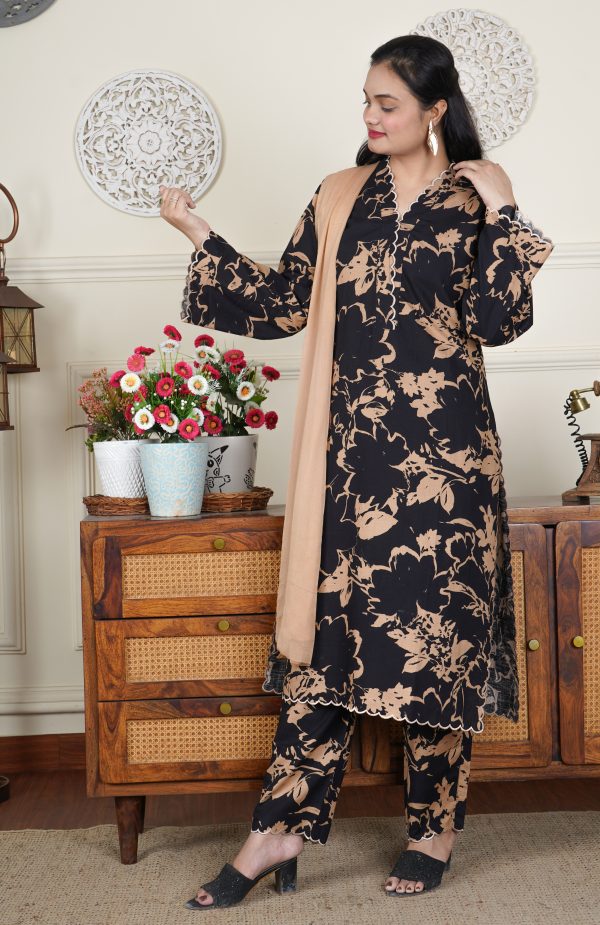 Embroidered Black Cotton suit with Scalloped Neckline and Hem - Image 3