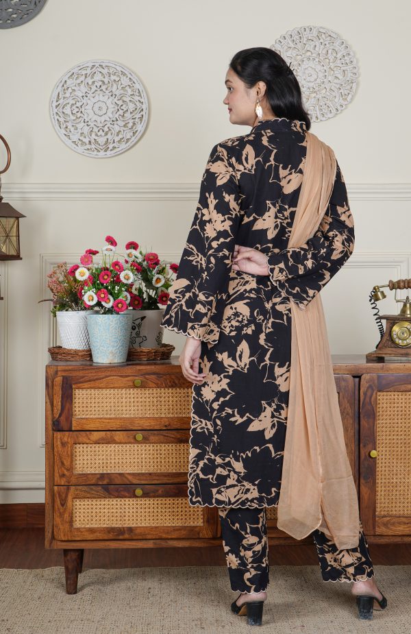 Embroidered Black Cotton suit with Scalloped Neckline and Hem - Image 5