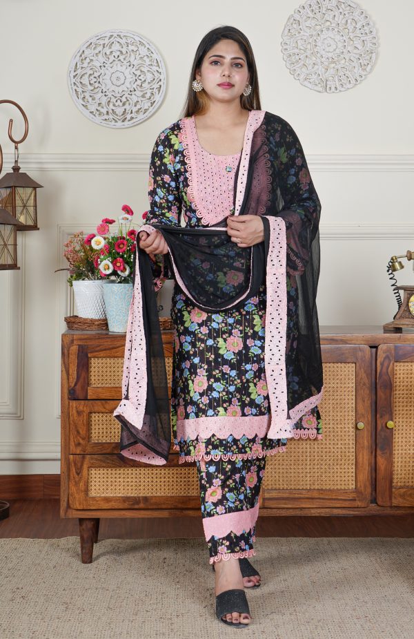 Lawn Cotton Black Floral Designer 3 Piece Dress - Image 2