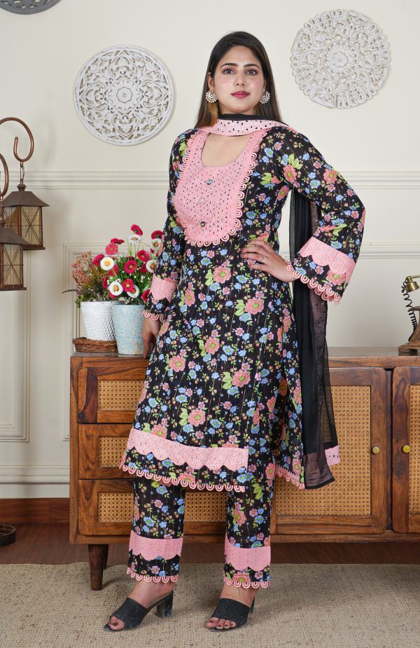 Lawn Cotton Black Floral Designer 3 Piece Dress - Image 5
