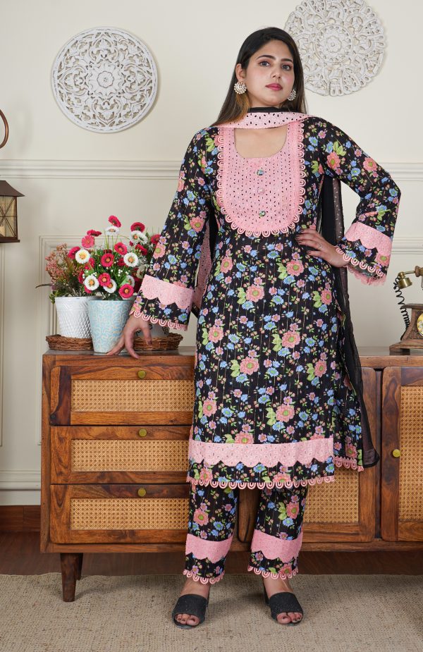Lawn Cotton Black Floral Designer 3 Piece Dress - Image 4
