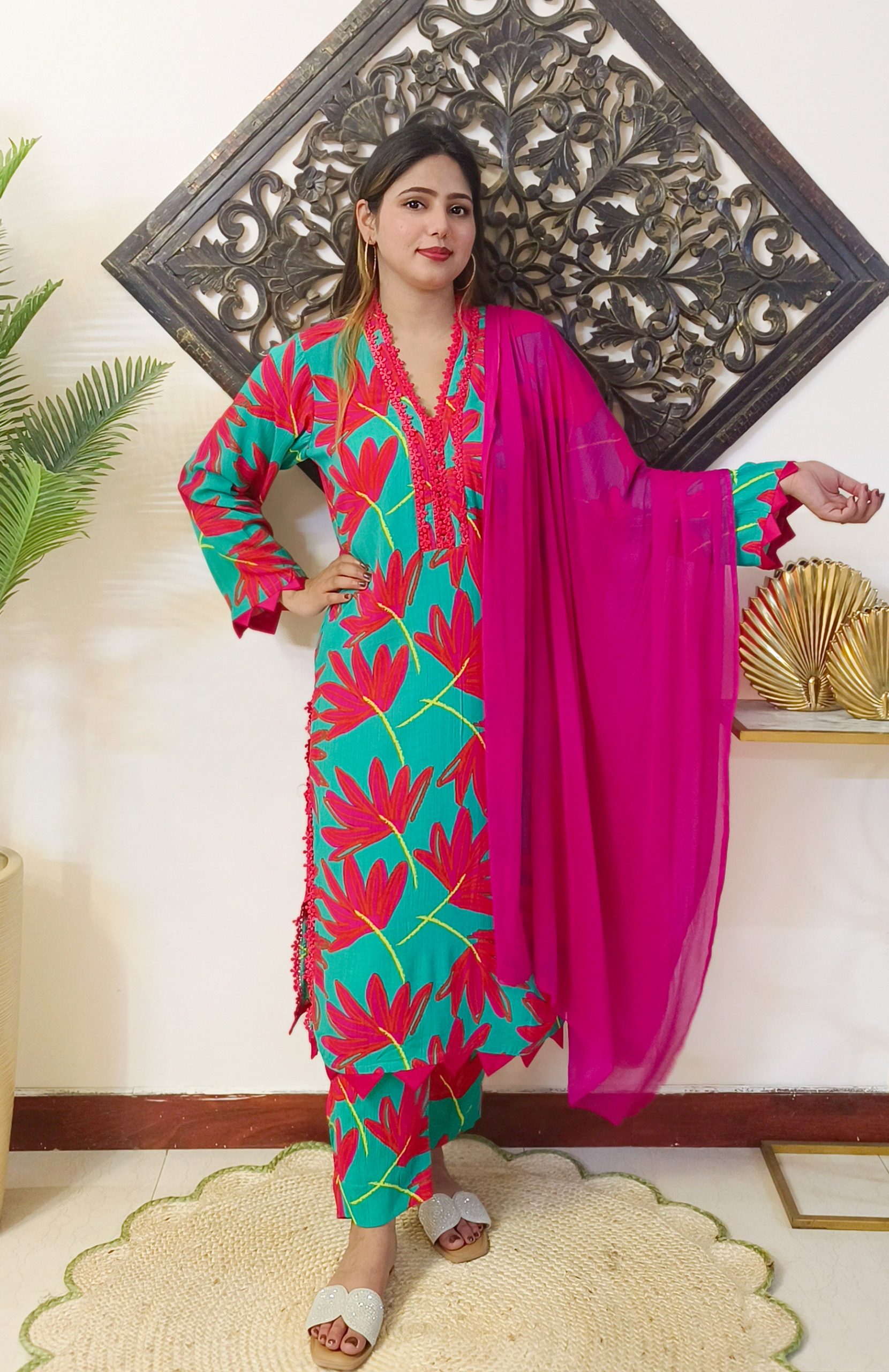 Floral Printed Crinkle Cotton 3 Piece Dress