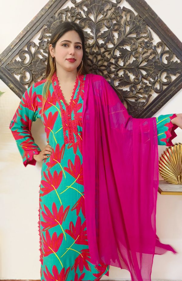 Floral Printed Crinkle Cotton 3 Piece Dress - Image 4