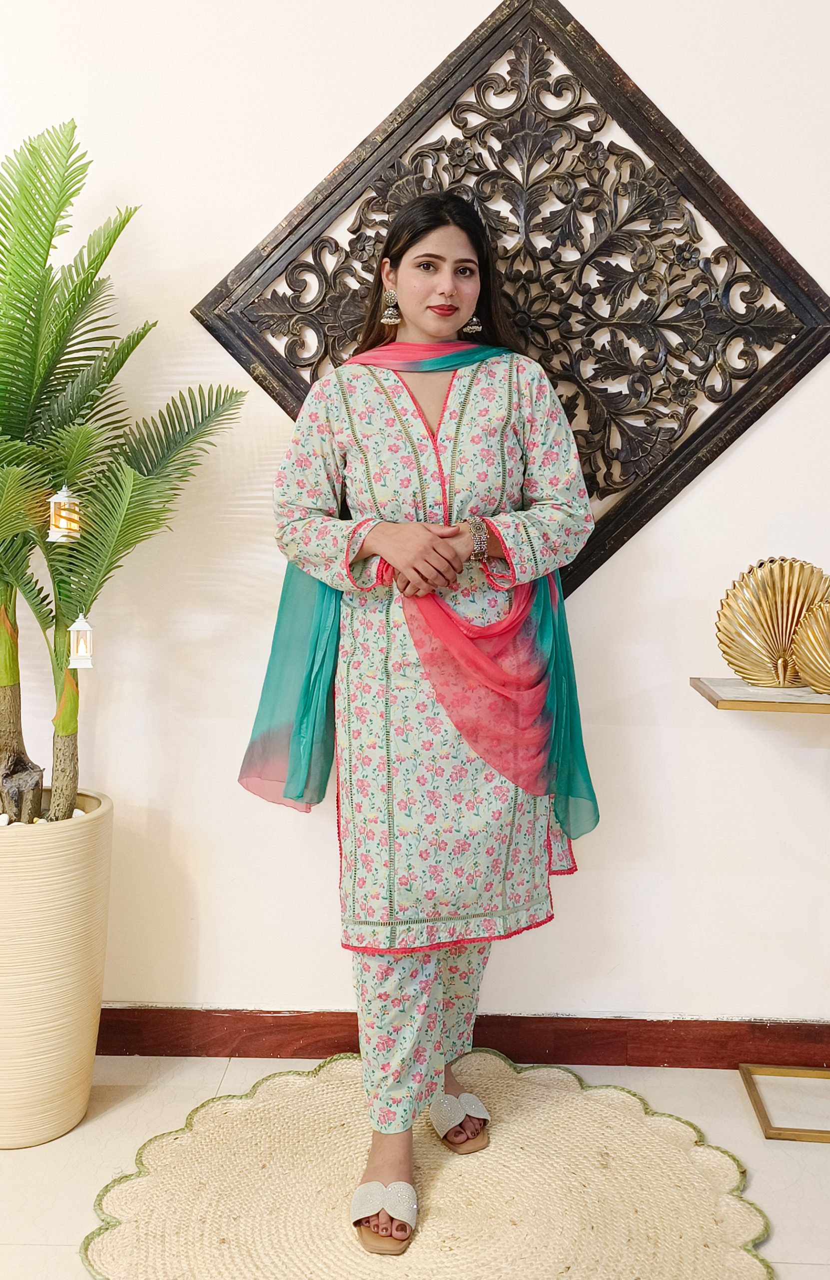 Mint Green Printed Pure Cotton 3 Piece Dress