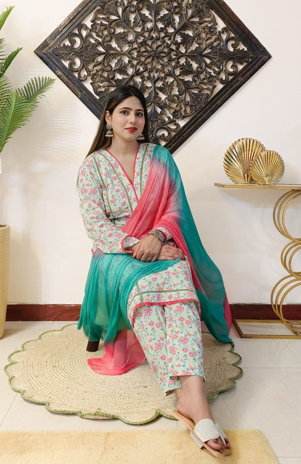Mint Green Printed Pure Cotton 3 Piece Dress - Image 5