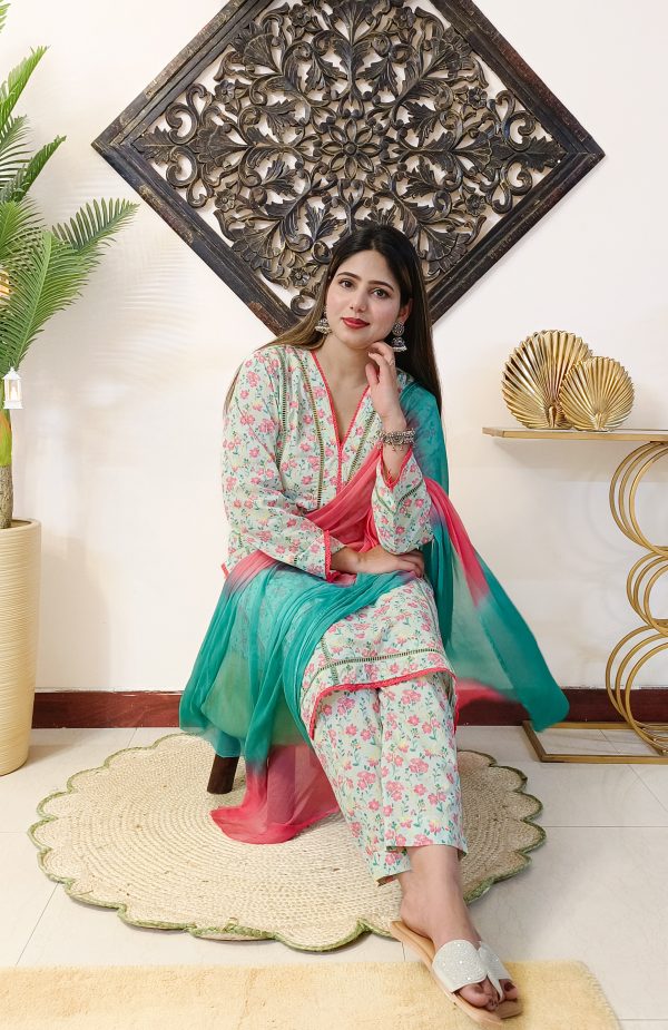 Mint Green Printed Pure Cotton 3 Piece Dress - Image 6
