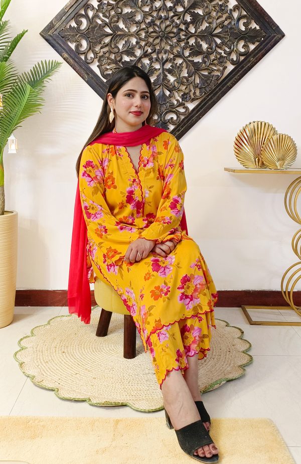 Embroidered Mustard-Yellow Pure Cotton Suit with Scalloping - Image 6