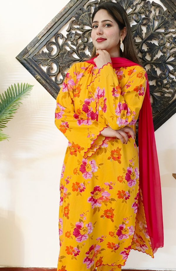 Embroidered Mustard-Yellow Pure Cotton Suit with Scalloping - Image 5