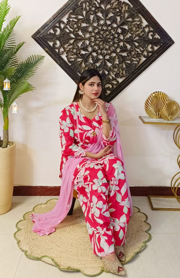 Pink Floral Lawn Cotton Farshi Salwar dress - Image 4